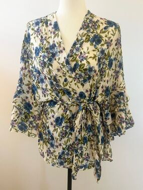 ZARA Floral Crepe Kimono, Wrap Blouse, Top with Ruffled Sleeves & Belt
